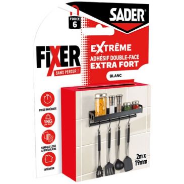 Adhésif double face  fixer sans percer extreme 2 m x 19 mm