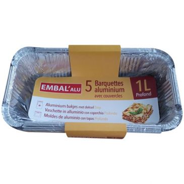 Barquette aluminium profonde - avec couvercle - 1 L - lot de 5