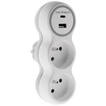 Biplite 16A + 2 chargeurs USB A et C blanc/gris