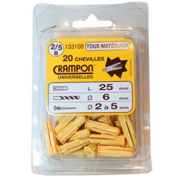 Cheville crampon - universelle - taille 2/5 - D : 6 mm - lot de 20