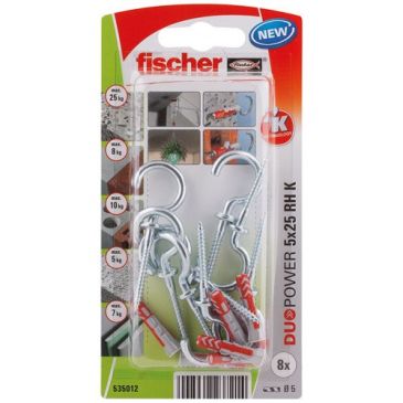Cheville duopower 5x25 avec crochet rond blister de 8