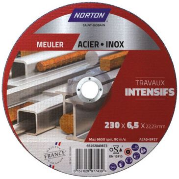 Disque à ébarber - Acier/Inox - 230 x 6,5 x 22,23 mm - moyen déporté - trav