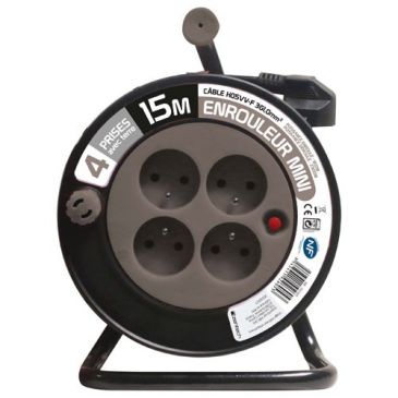 Enrouleur ménager - 15 m - 3G1.5 mm² - 4 prises -  taupe
