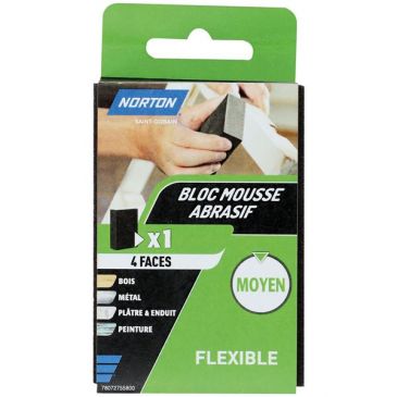 Eponge abrasive - bloc mousse - 4 faces - grain moyen - flexible - L : 100 