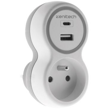 Prise 16A + 2 chargeurs USB A et C blanc gris
