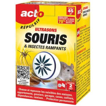 Retro répulsif à ultrasons - souris et insectes rampants - 45m² - 1 émetteu