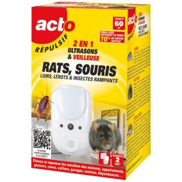 Répulsif 2 en  1 -  ultrasons et veilleuse -  rats souris insectes rampants